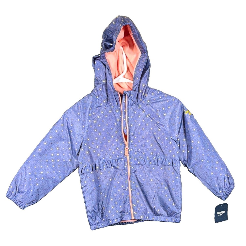 Girls Size 6 Jacket, OshKosh Bgosh, Blue, Gold Polka Dot Fleece Lined Hood